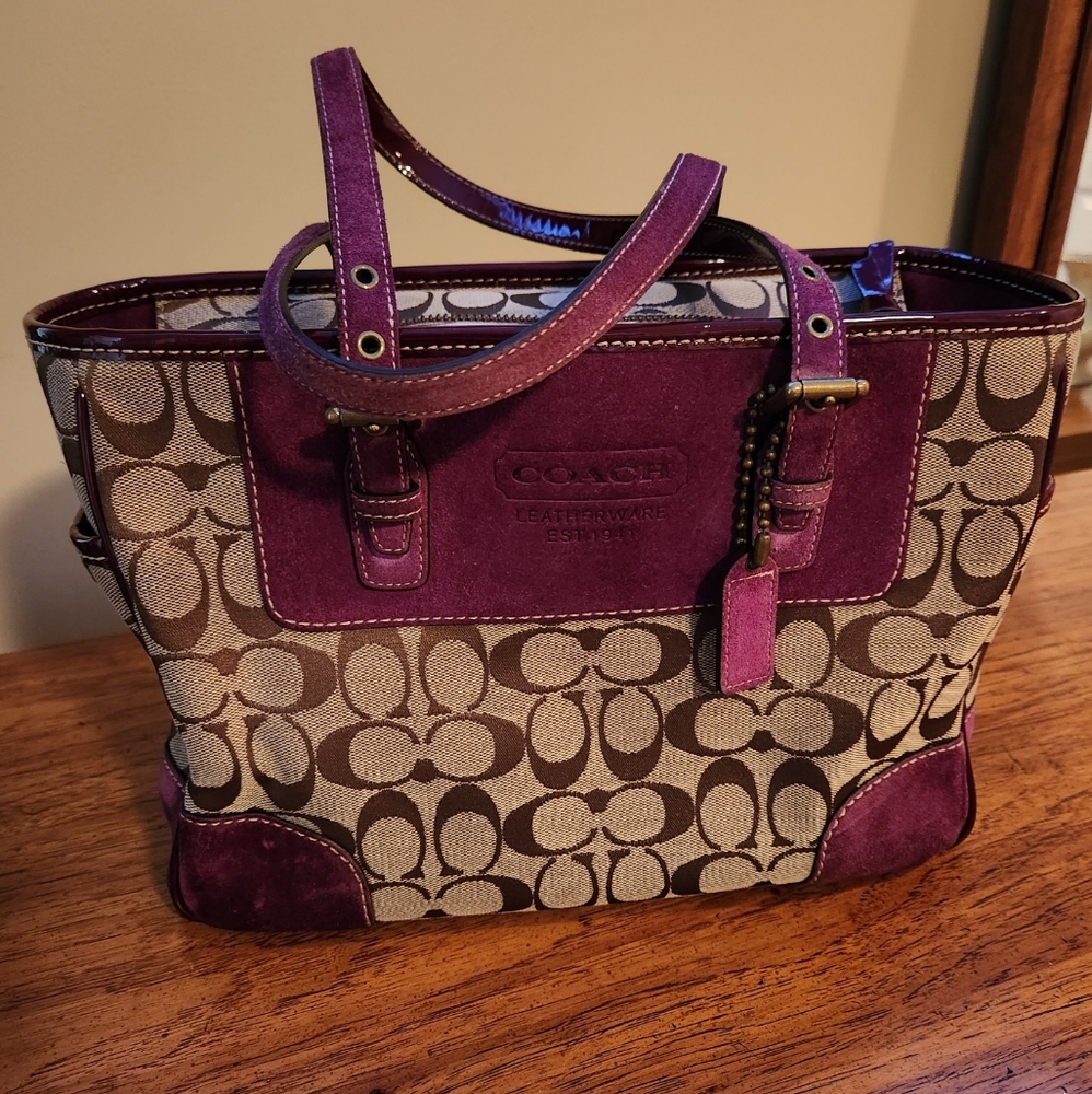 Coach Signature Canvas Tote with Purple Suede Trim